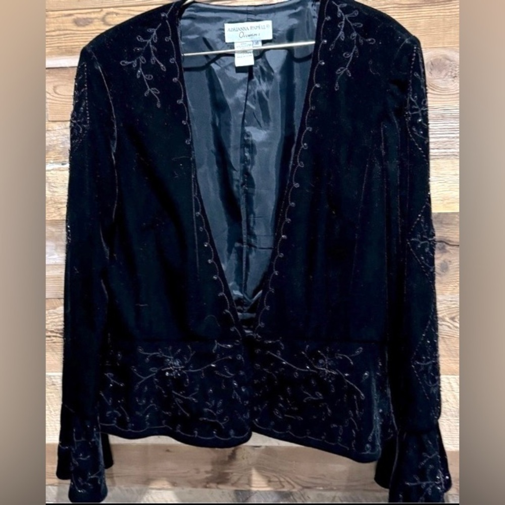 Adrianna Papell evening formal black velour embellished sequin peplum boho 14